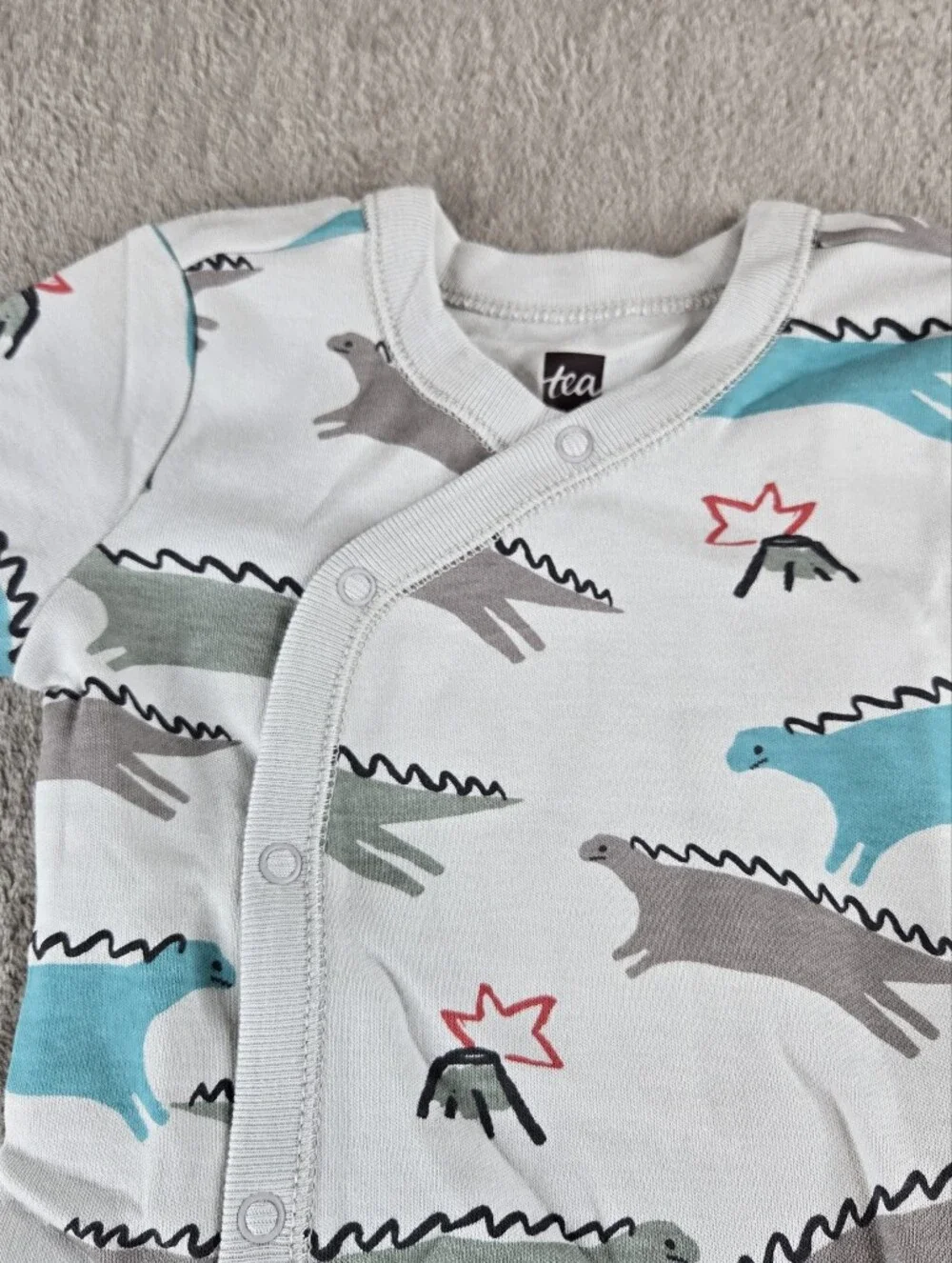 Tea Collection White Baby Sleeper PJ Footie with Dino Teal and Gray Prints 6-9 M